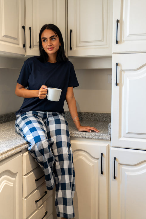 Women summer pajama set Dark Blue Tee + Dark Blue X Light Blue Checkered Pants